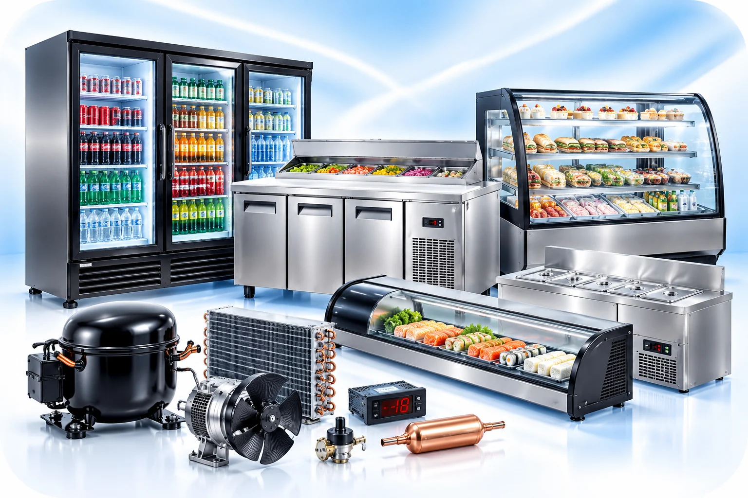 Imagen referencial de equipos de frío comerciales como cooler, vitrinas y mesones refrigerados con repuestos
