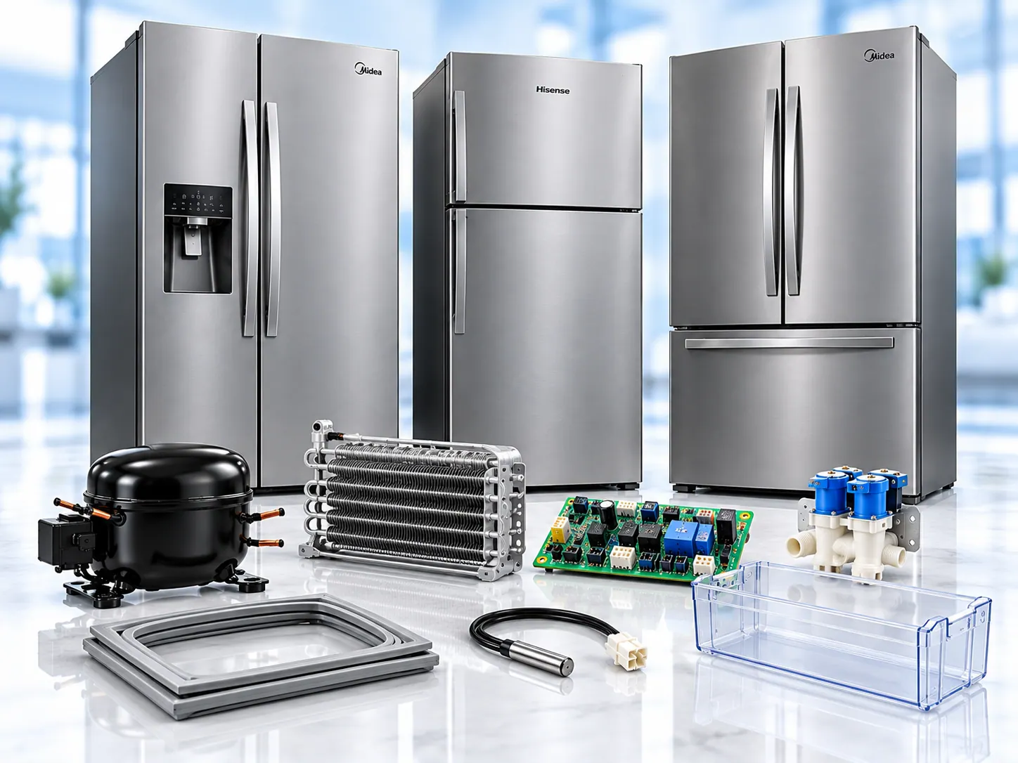 Repuestos para refrigeradores Midea y Hisense; imagen ilustrativa
